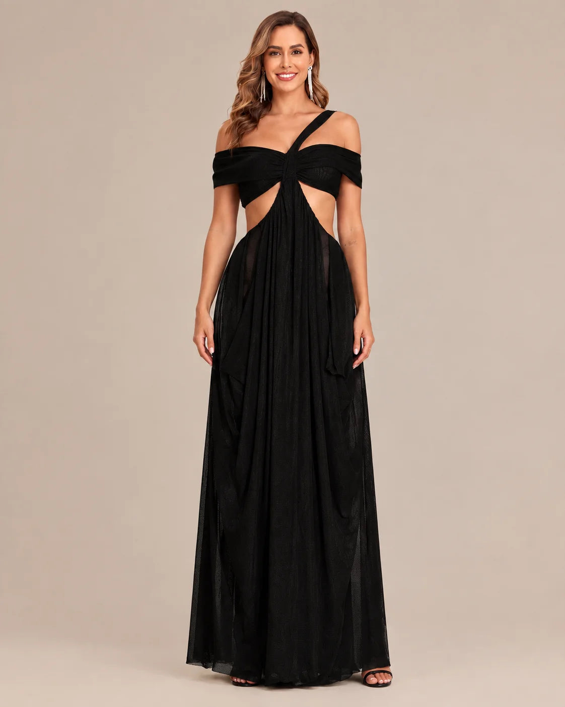 Off-Shoulder Cutout Mesh Draped Maxi Dress | Oyese