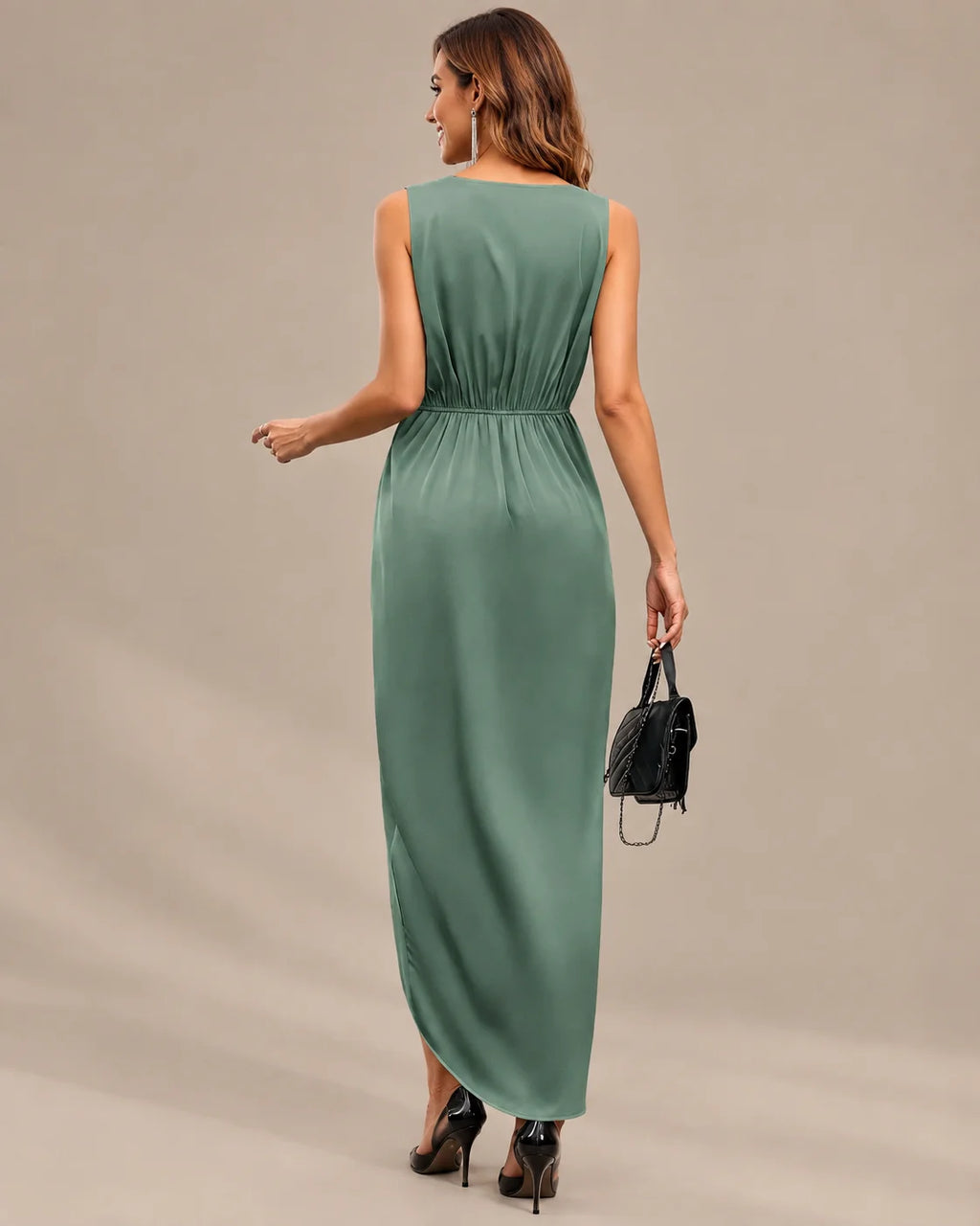 Women's Double-Faced Satin V-Neck Slit Maxi Dress | Oyese