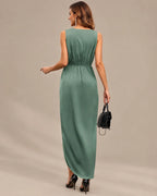 Women's Double-Faced Satin V-Neck Slit Maxi Dress | Oyese
