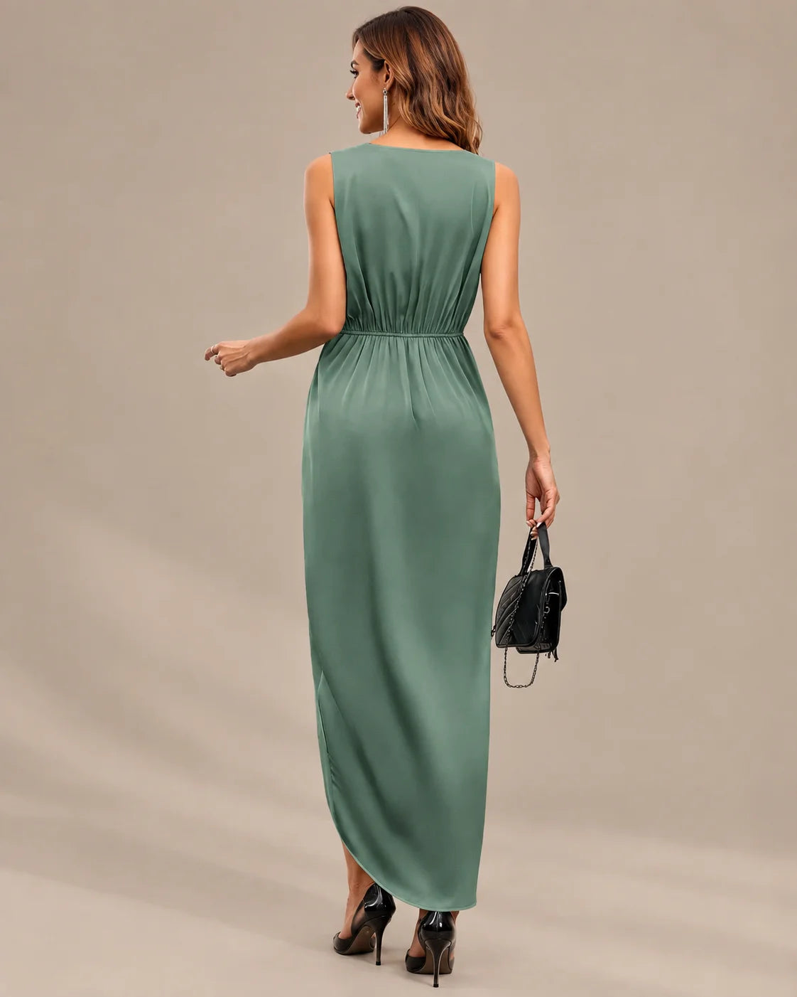 Women's Double-Faced Satin V-Neck Slit Maxi Dress | Oyese