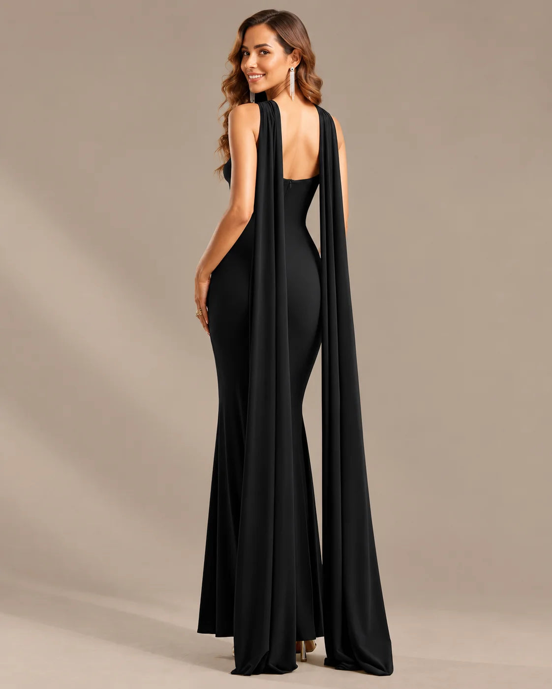 Draped Cape Keyhole Halter Fitted Maxi Evening Gown | Oyese
