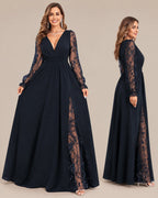 Plus Size Deep V Lace Sleeve Slit Maxi Gown | Oyese
