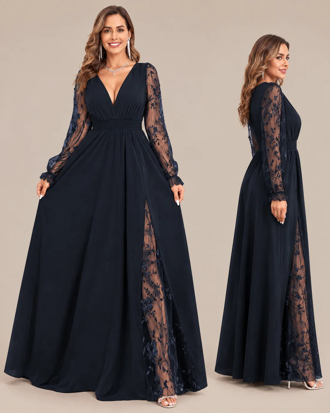 Plus Size Deep V Lace Sleeve Slit Maxi Gown | Oyese