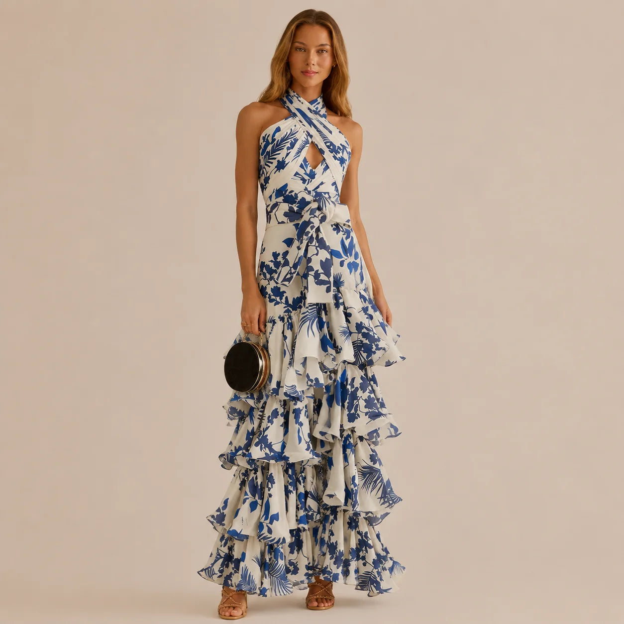Halter Wrap Tiered Ruffle Maxi Dress – Floral Boho Vacation Gown | Oyese
