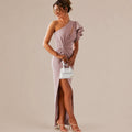 One Shoulder Ruffle Sleeve Cutout Maxi Dress – High Slit Formal Gown | Oyese