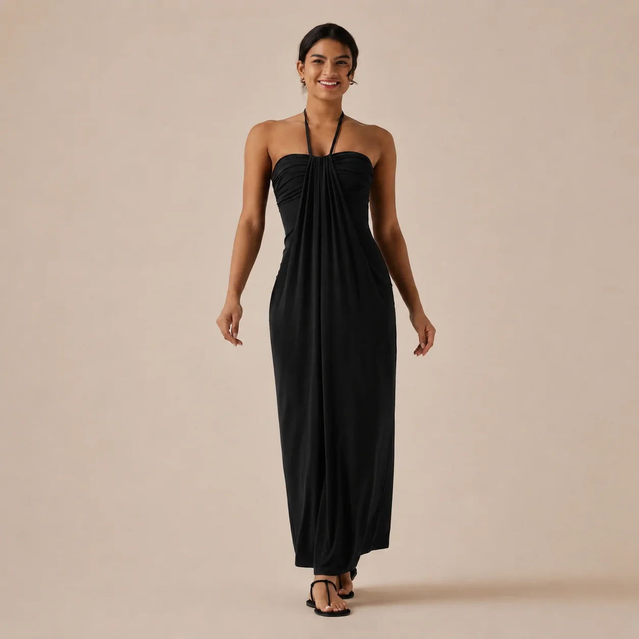 Halter Tie Gathered Maxi Dress with Pockets – Relaxed Summer Drape | Oyese