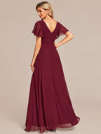 Double V-Neck Flutter Sleeve Flowy Slit Maxi Gown | Oyese
