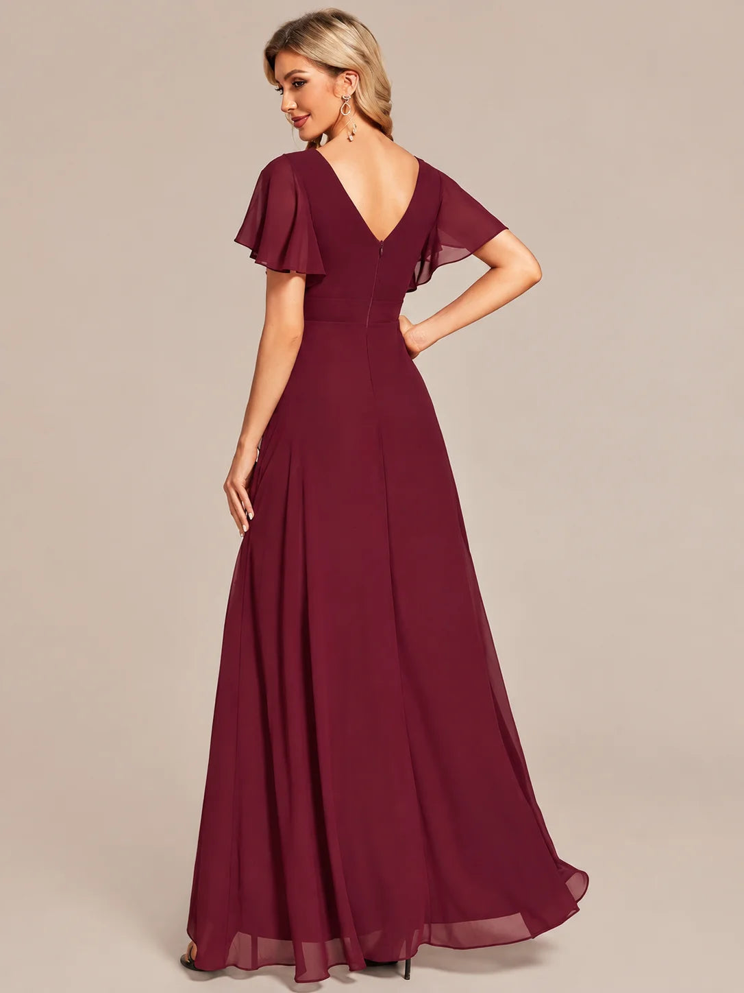 Double V-Neck Flutter Sleeve Flowy Slit Maxi Gown | Oyese