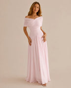 Off-Shoulder Cross Draped Pleated Maxi Dress – Grecian Formal Gown | Oyese