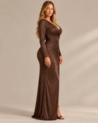 Shimmer Wrap V Neck Long Sleeve Maxi Dress – High Slit Evening Gown | Oyese