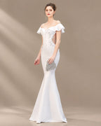 Off-Shoulder Ruffle Sleeve Beaded Mermaid Evening Gown | Oyese