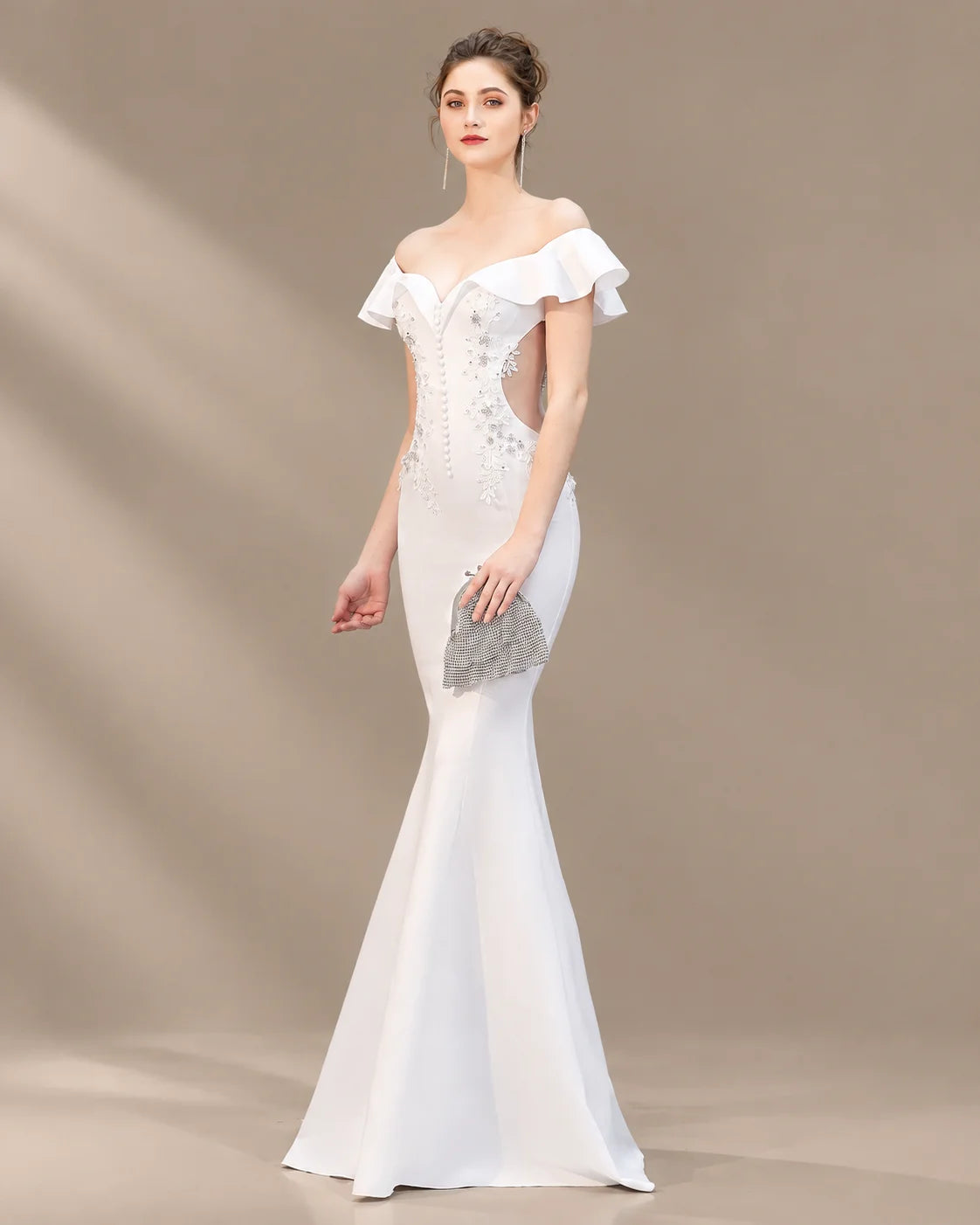 Off-Shoulder Ruffle Sleeve Beaded Mermaid Evening Gown | Oyese