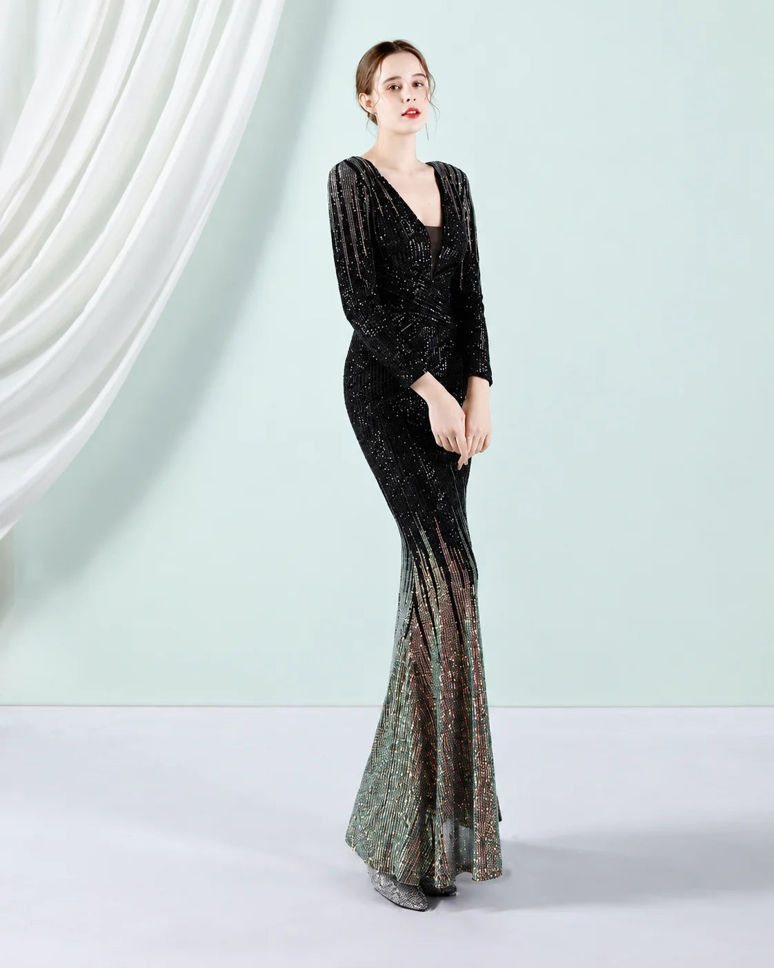 Deep V Long Sleeve Ombre Sequin Mermaid Evening Gown | Oyese
