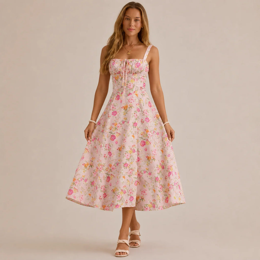 Square Neck Tie Front A-Line Midi Dress – Floral & Solid Summer Dress | Oyese