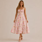 Square Neck Tie Front A-Line Midi Dress – Floral & Solid Summer Dress | Oyese