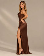 Satin Cowl Neck Ruched Maxi Dress – High Slit Evening Gown | Oyese