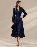 Shawl Collar Wrap Front Long Sleeve Flared Midi Dress | Oyese