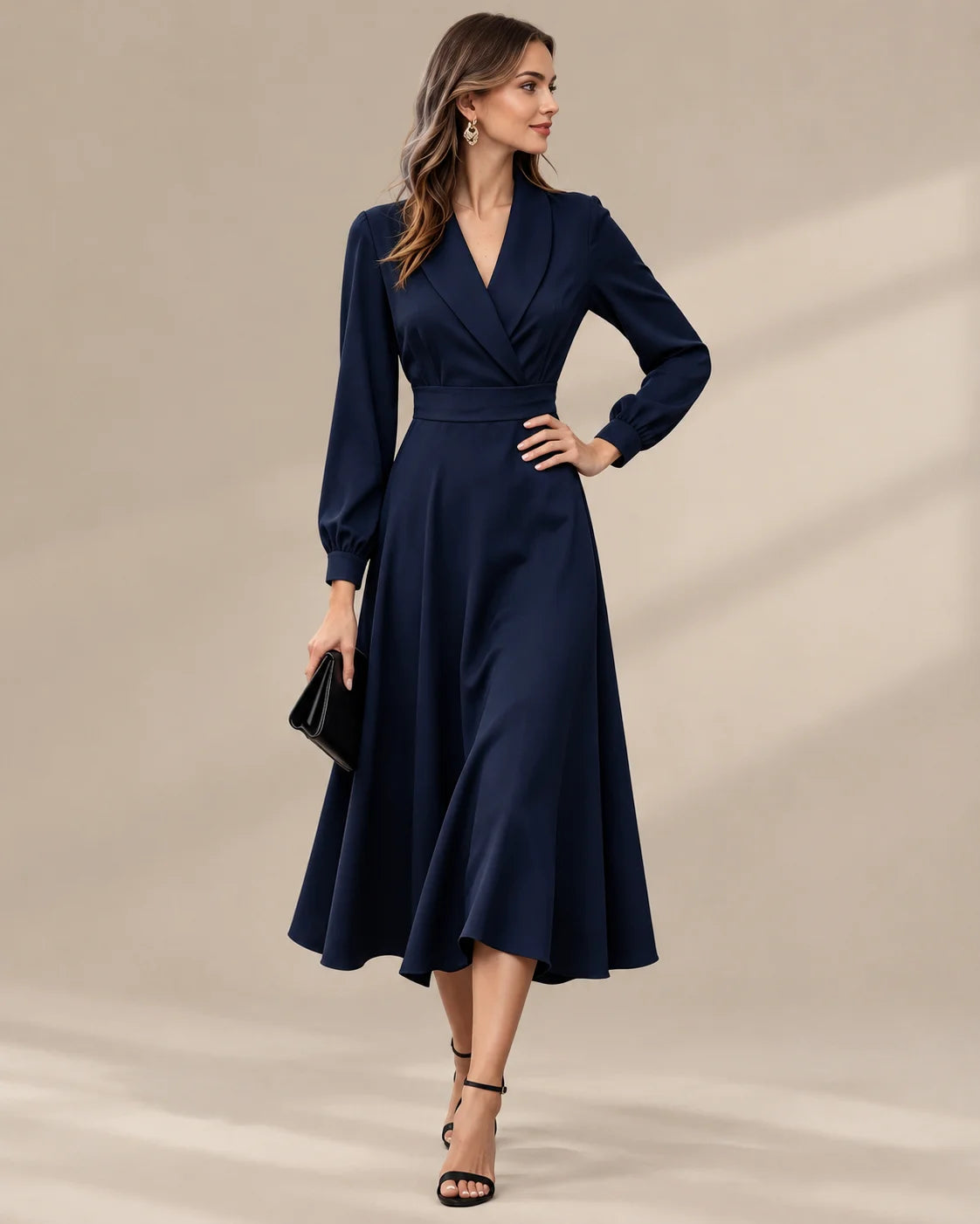 Shawl Collar Wrap Front Long Sleeve Flared Midi Dress | Oyese
