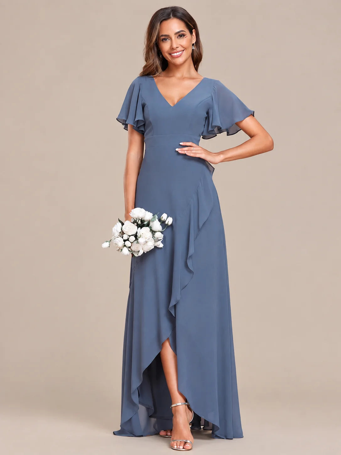 Double V-Neck Flutter Sleeve Flowy Slit Maxi Gown | Oyese