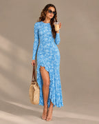 Long Sleeve Floral Lace Asymmetric Ruffle Slit Maxi Dress | Oyese