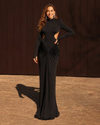 High Neck Long Sleeve Ruched Maxi Dress with Waist Cutouts | Oyese