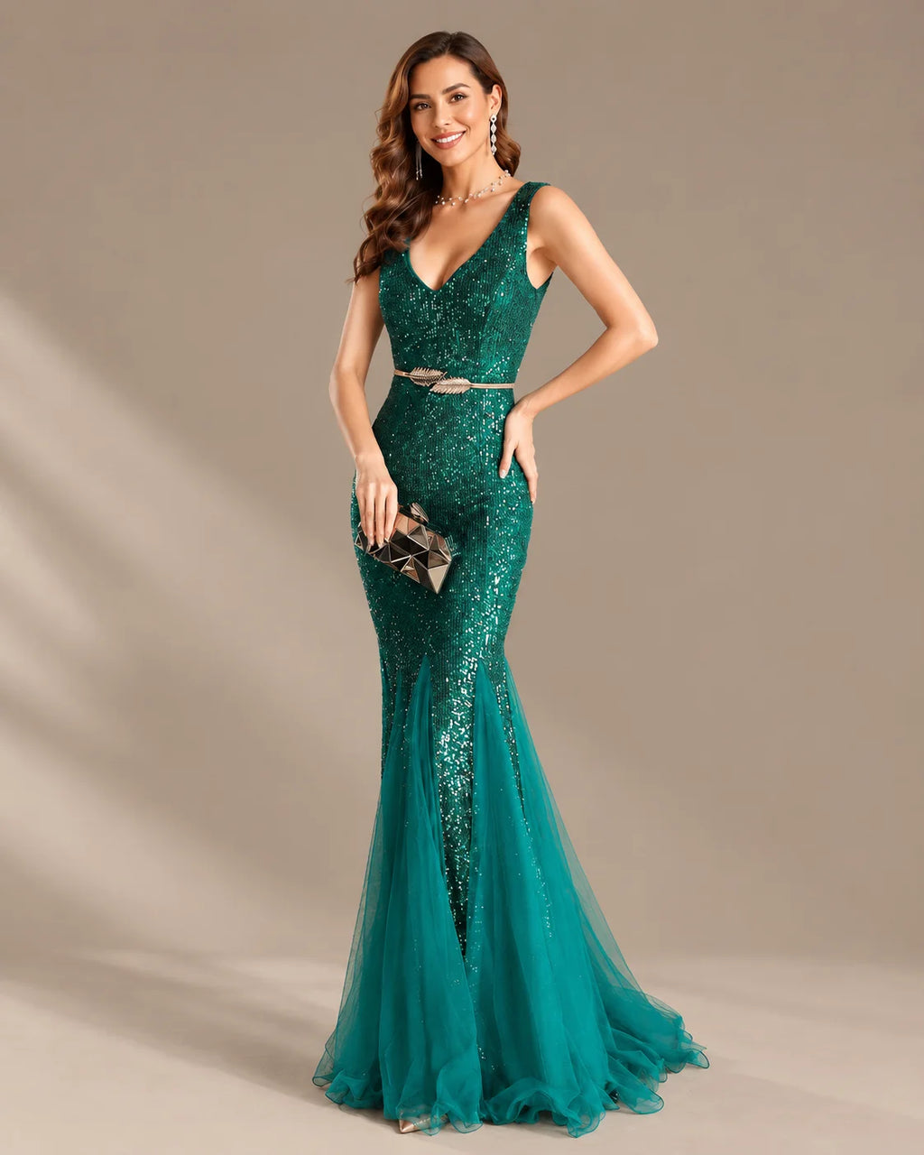 Deep V-Neck Beaded Tulle Mermaid Evening Gown | Oyese