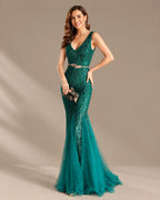 Deep V-Neck Beaded Tulle Mermaid Evening Gown | Oyese