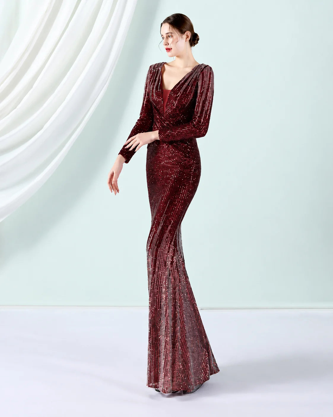 Deep V Long Sleeve Ombre Sequin Mermaid Evening Gown | Oyese