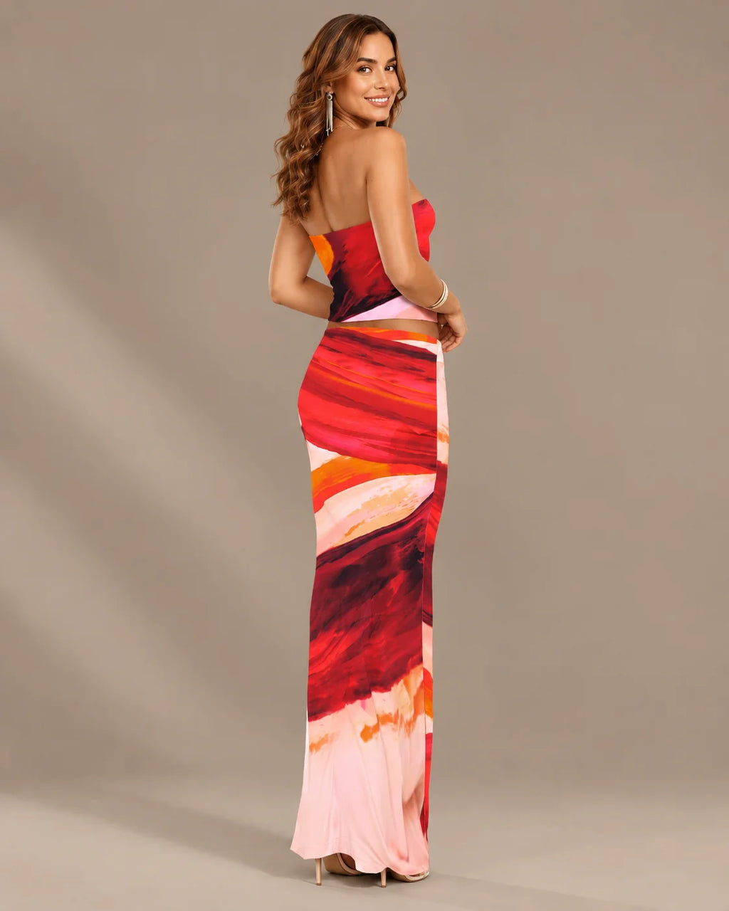 Watercolor Floral Strapless Top and Maxi Skirt Two Piece Set | Oyese