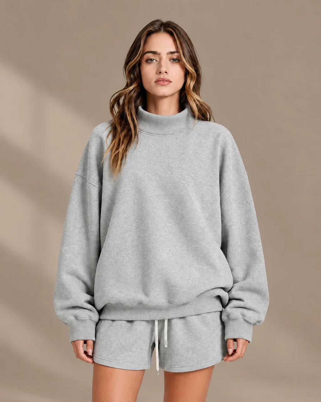 Oversized Mock Neck Fleece-Lined Pullover Sweatshirt | Oyese