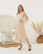 V-Neck Long Sleeve Sequin Fringe Mesh Midi Dress | Oyese