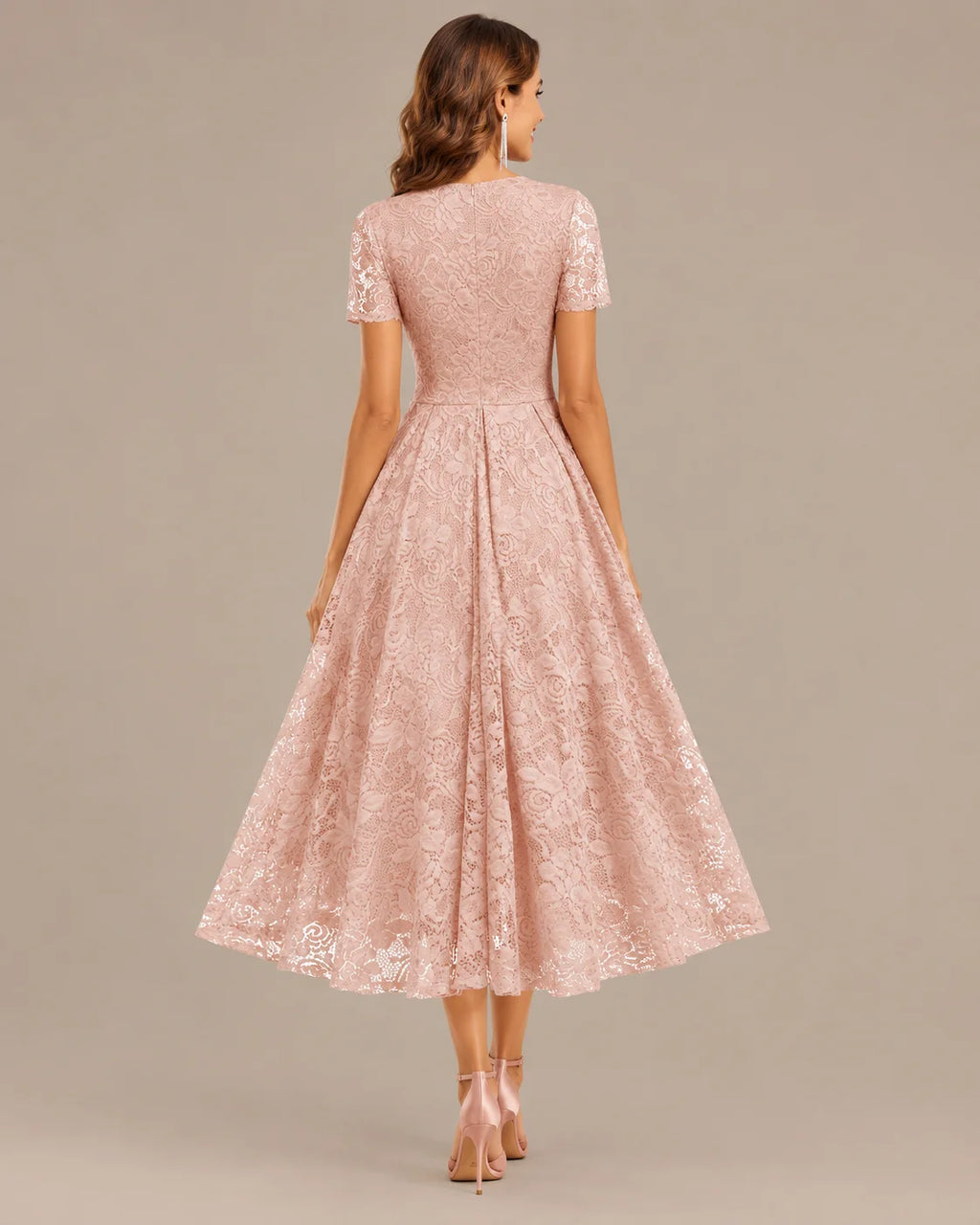 Lace V-Neck Short Sleeve Fit-and-Flare Knee Dress | Oyese