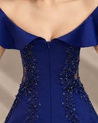 Off-Shoulder Ruffle Sleeve Beaded Mermaid Evening Gown | Oyese