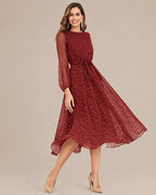 Sheer Long Sleeve Polka Dot Swing Midi Dress | Oyese