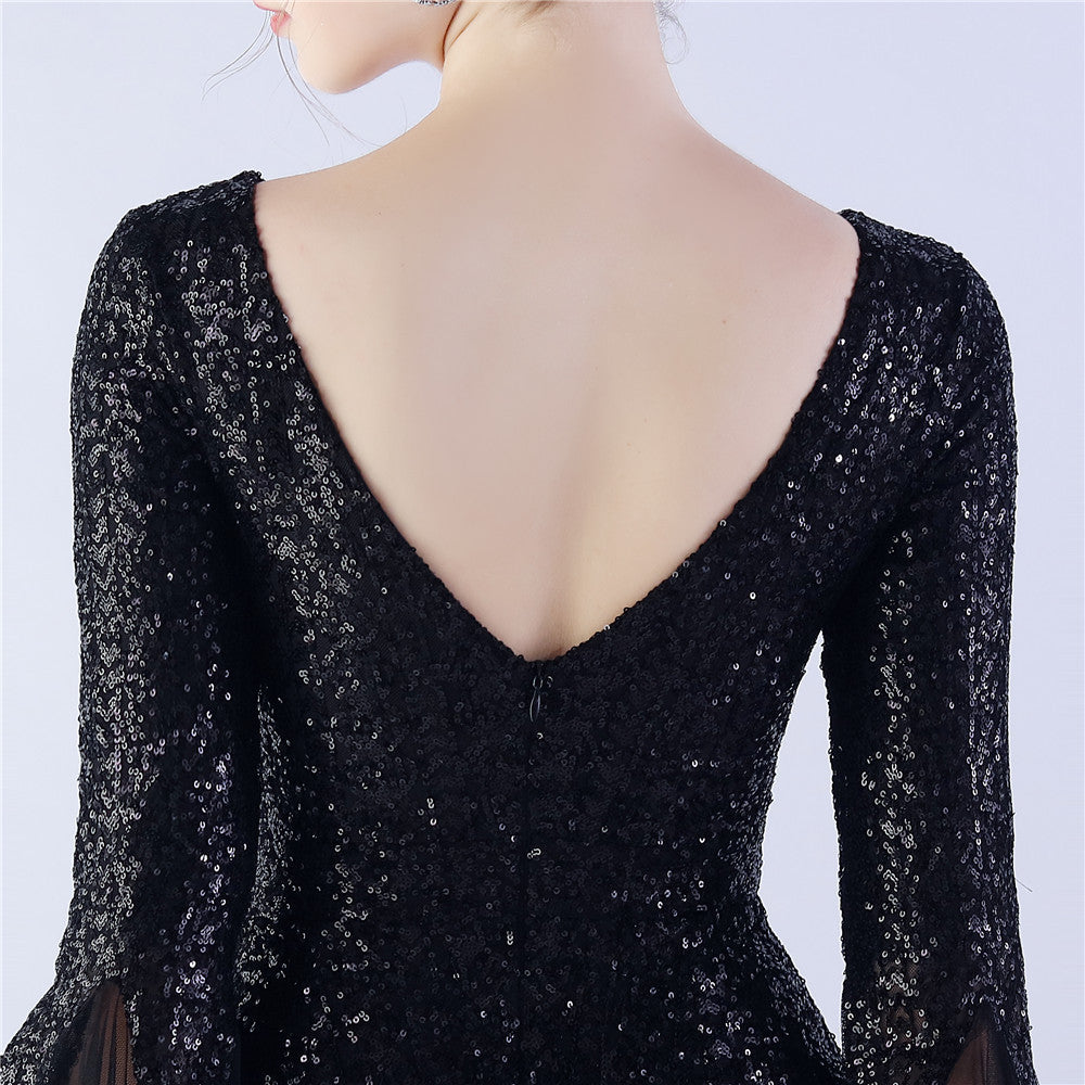 V-Neck Bell Sleeve Sequin Tulle Mermaid Evening Gown | Oyese