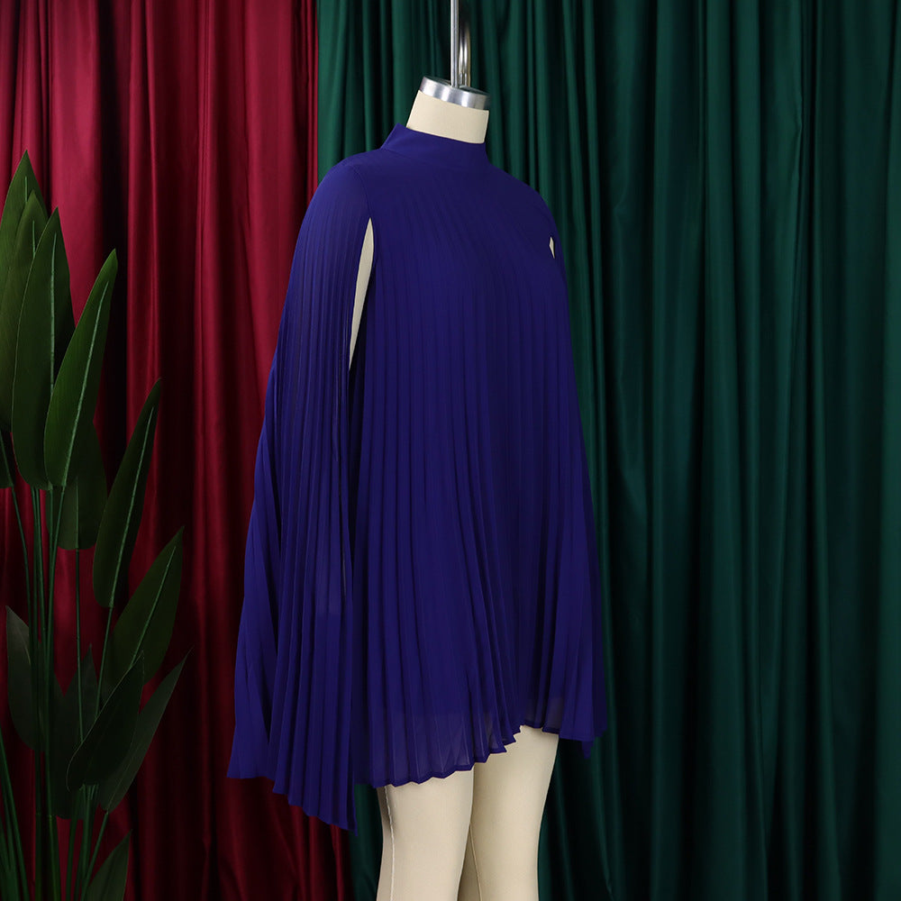 Mock Neck Pleated Chiffon Cape Shift Dress | Oyese