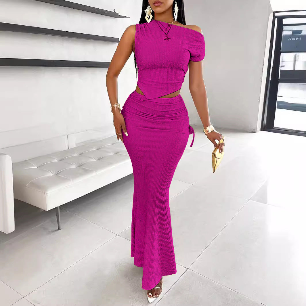 One Shoulder Crop Top & Ruched Mermaid Skirt Set – Asymmetric 2-Piece | Oyese