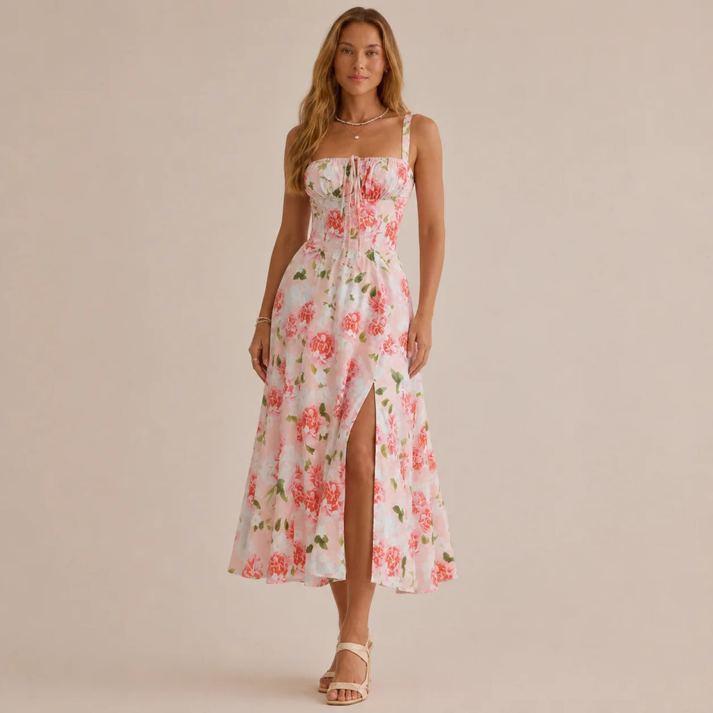 Square Neck Tie Front A-Line Midi Dress – Floral & Solid Summer Dress | Oyese