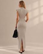 Funnel Neck Power Shoulder Sheath Midi Dress | Oyese