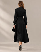 Shawl Collar Wrap Front Long Sleeve Flared Midi Dress | Oyese