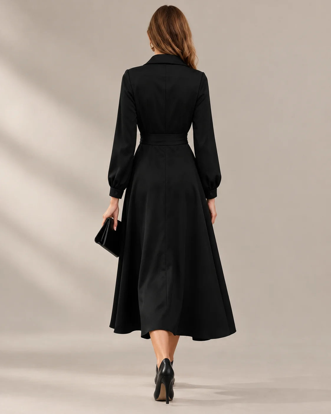 Shawl Collar Wrap Front Long Sleeve Flared Midi Dress | Oyese