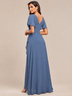Double V-Neck Flutter Sleeve Flowy Slit Maxi Gown | Oyese