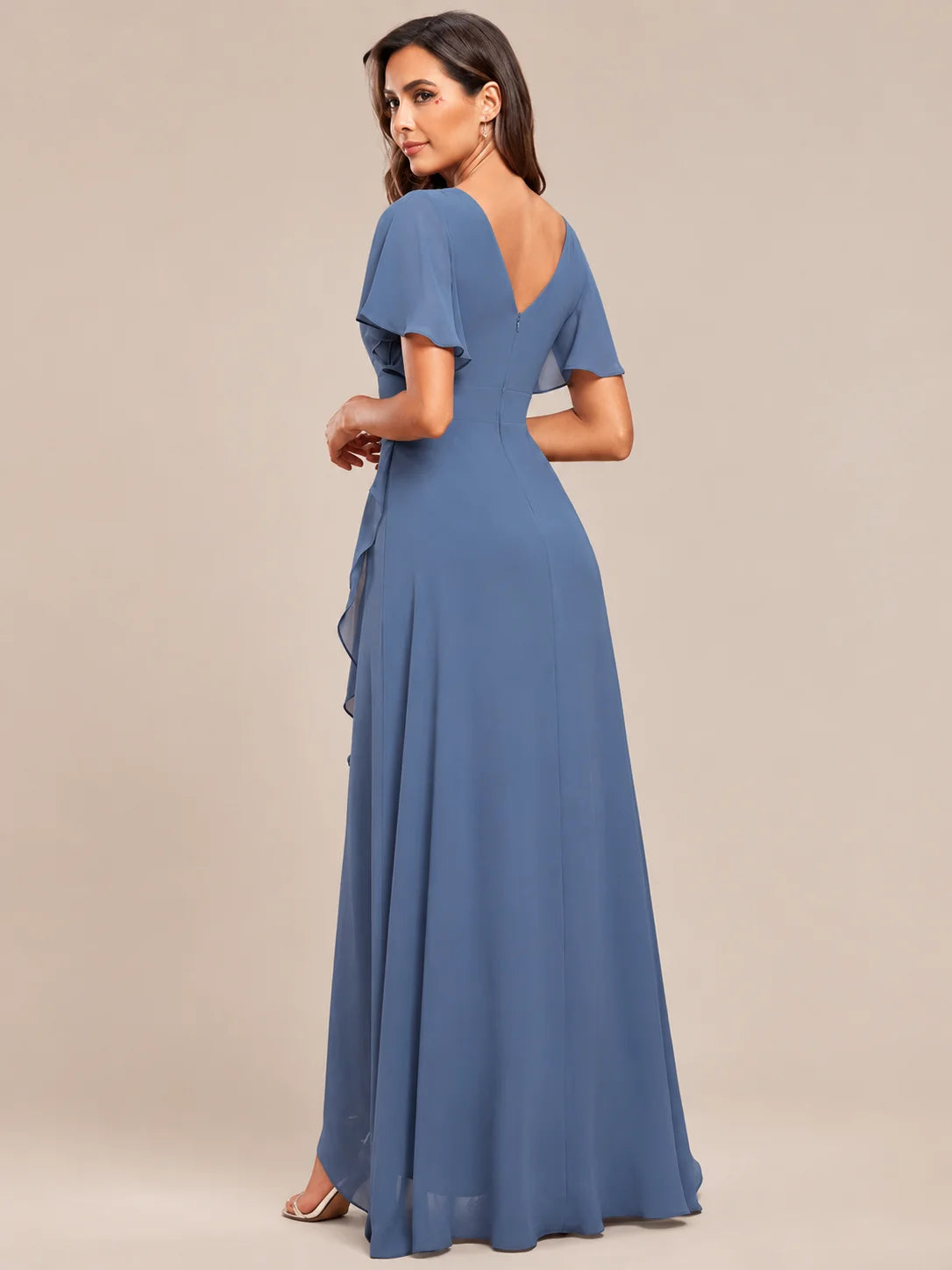 Double V-Neck Flutter Sleeve Flowy Slit Maxi Gown | Oyese