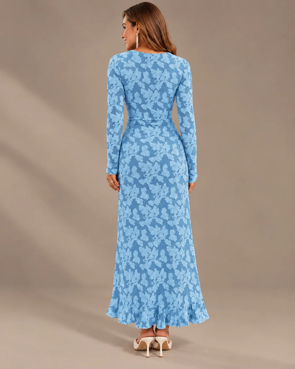 Long Sleeve Floral Lace Asymmetric Ruffle Slit Maxi Dress | Oyese