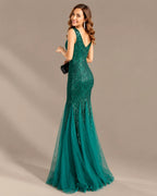 Deep V-Neck Beaded Tulle Mermaid Evening Gown | Oyese