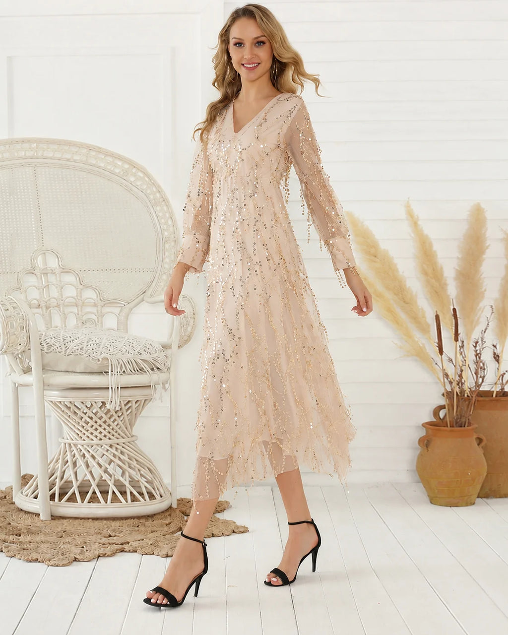 V-Neck Long Sleeve Sequin Fringe Mesh Midi Dress | Oyese