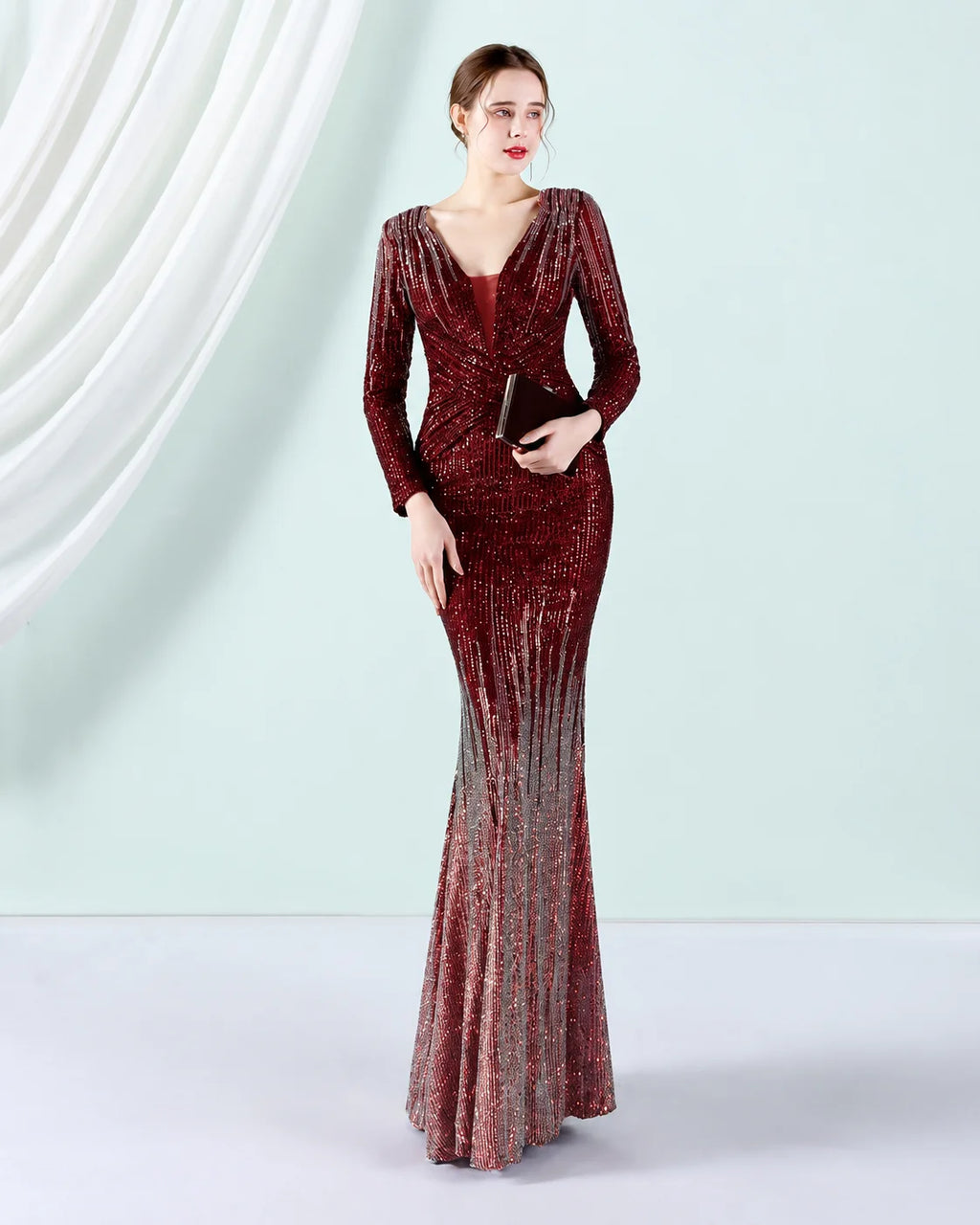 Deep V Long Sleeve Ombre Sequin Mermaid Evening Gown | Oyese