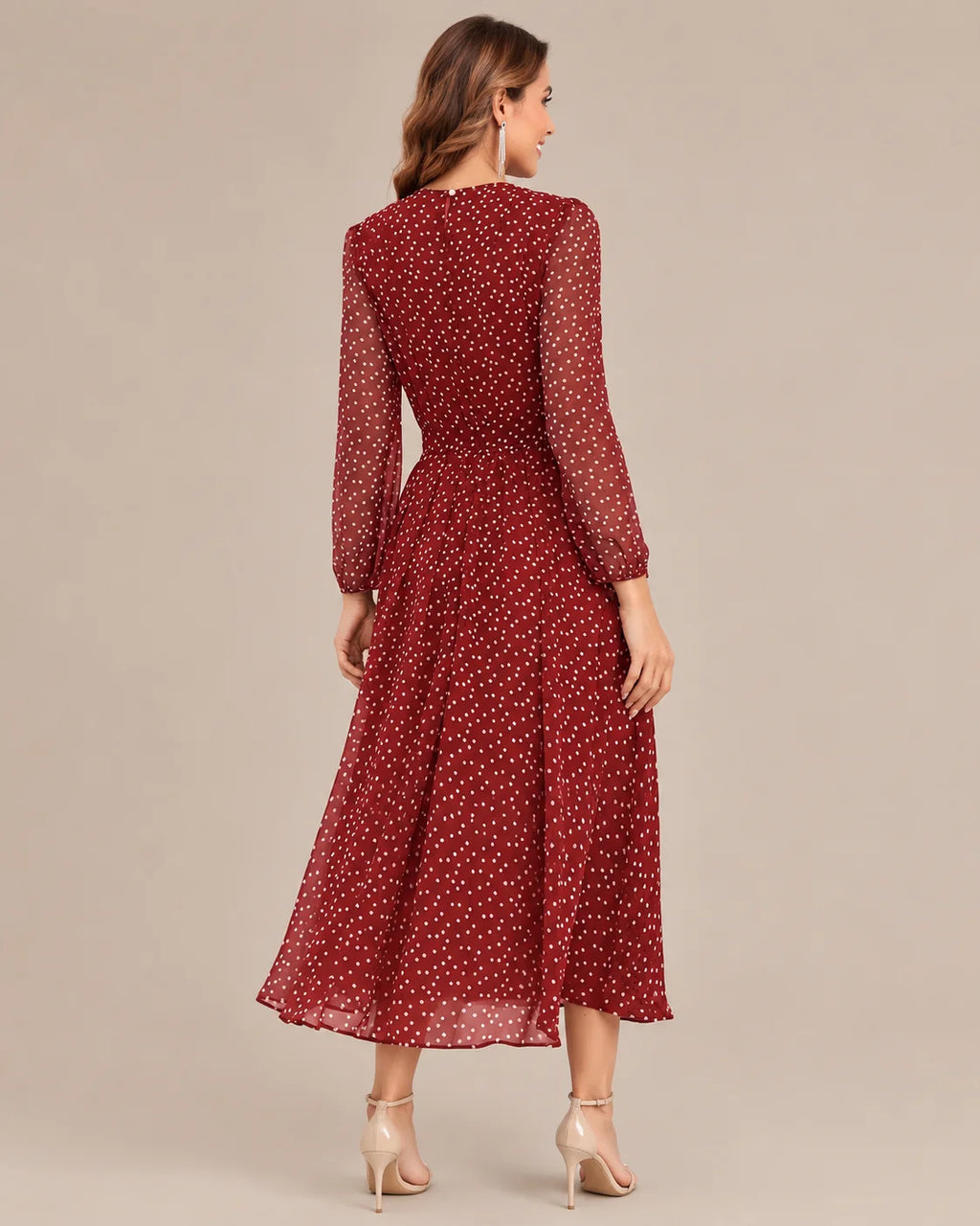 Sheer Long Sleeve Polka Dot Swing Midi Dress | Oyese