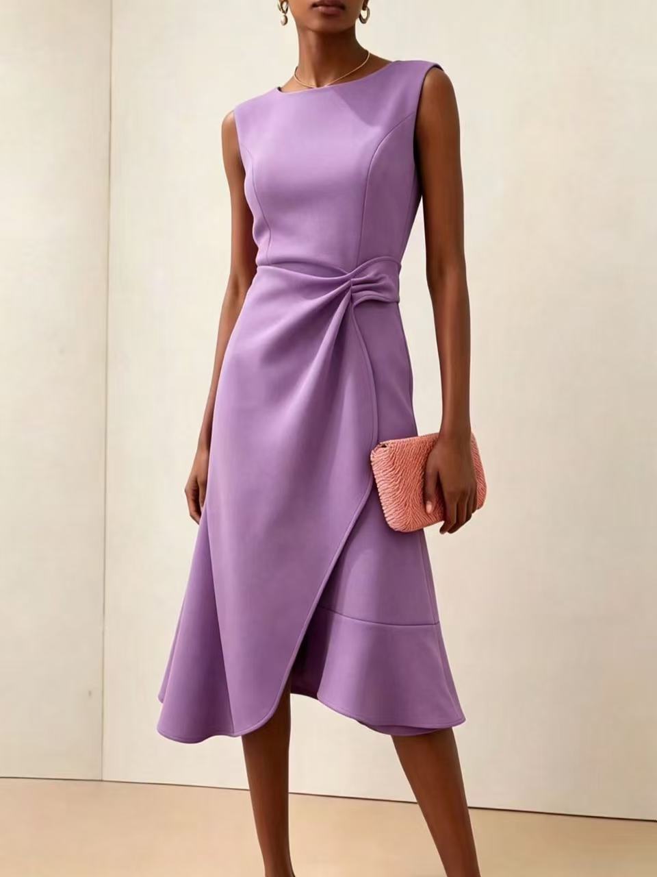 Twisted Knot Waist Midi Dress – Sleeveless Round Neck Office Dress | Oyese