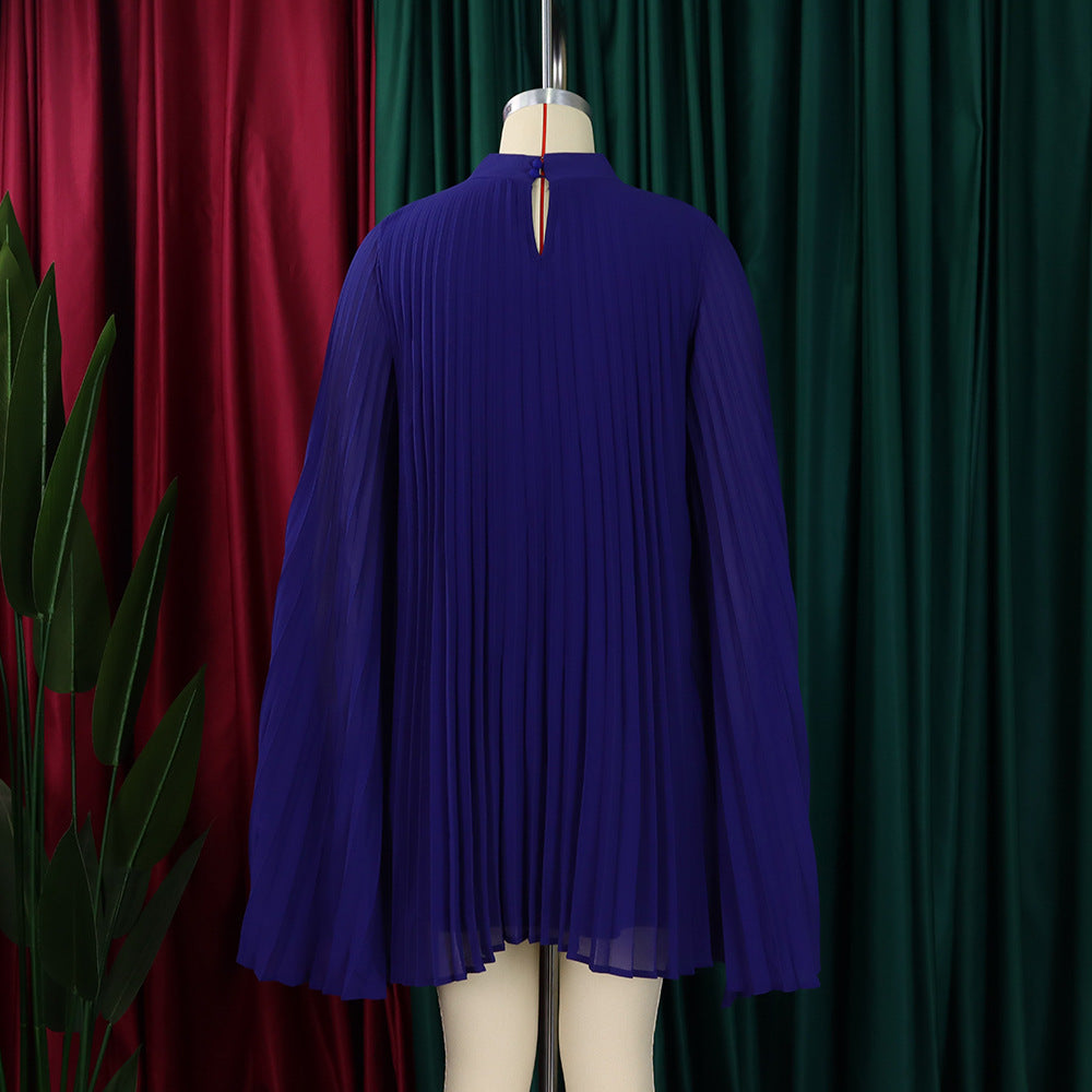 Mock Neck Pleated Chiffon Cape Shift Dress | Oyese